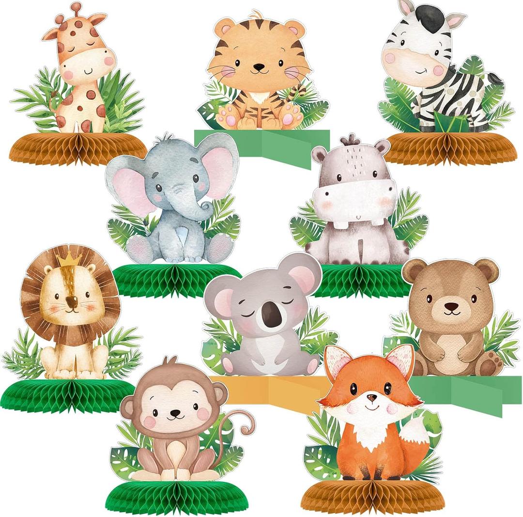 Gueevin 10 Pcs Safari Honeycomb Centerpieces for Baby Shower & Birthday Party Decorations, Jungle Animal Table Centerpieces Set(Cute Animals)