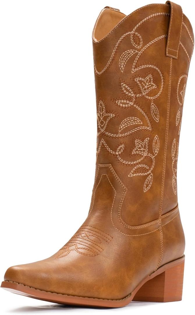 IUV Cowboy Boots For Women Pointy Toe Women's Western Boots Cowgirl Boots Mid Calf Boots (8 Wide) Chestnut