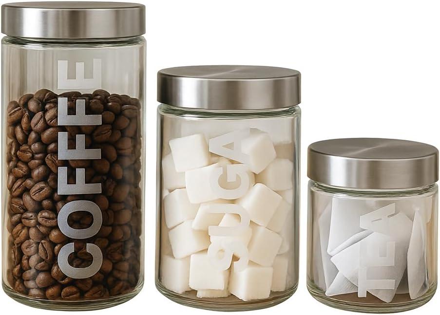 Glass Canisters Set of 3, 57/44/29 oz Airtight Storage Jars with Stainless Steel Screw Lids, Etched COFFEE/SUGAR/TEA Labels, Sandblasted Permanent Lettering, Clear Pantry Containers