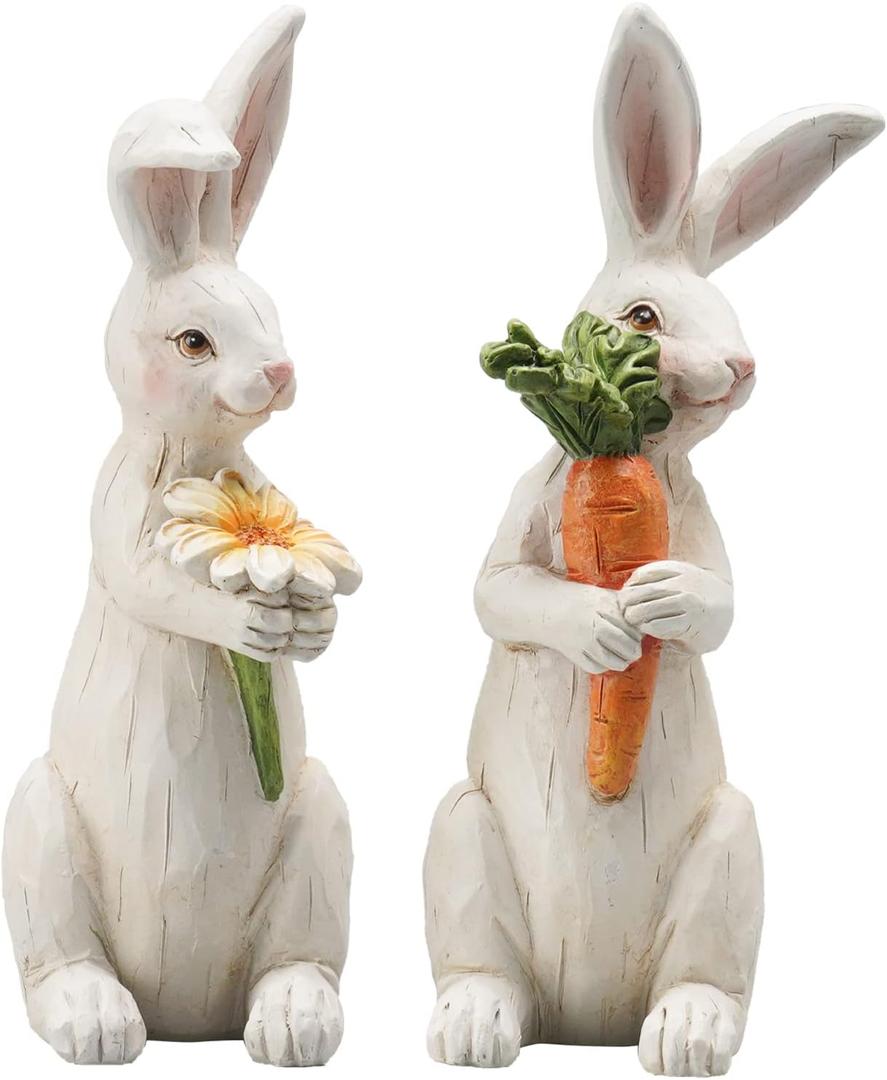 Newman House Studio Easter-Decorations Bunny-Decor Spring-Figurines Table-Centerpiece - 2PC Spring Decorations Resin Rabbits with Carrot and Flower Tabletop Ornaments for Home Farmhouse 4.5H inch