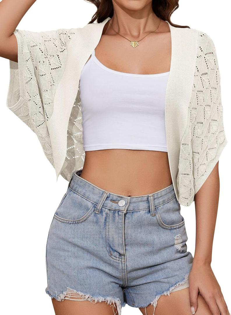 Women's Summer Lightweight Cropped Cardigans Crochet Batwing Cardigan Boho Bolero Shrug for Dress Open Dress Cover Up (XX-Large, Ivory)