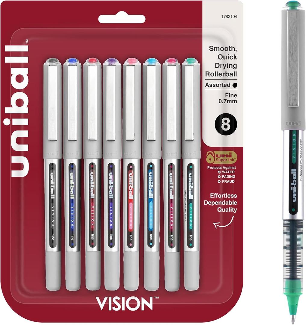 Uniball Vision Rollerball Pens, Fine Point (0.7mm), Assorted Colors, 8 Pack (Fashion)