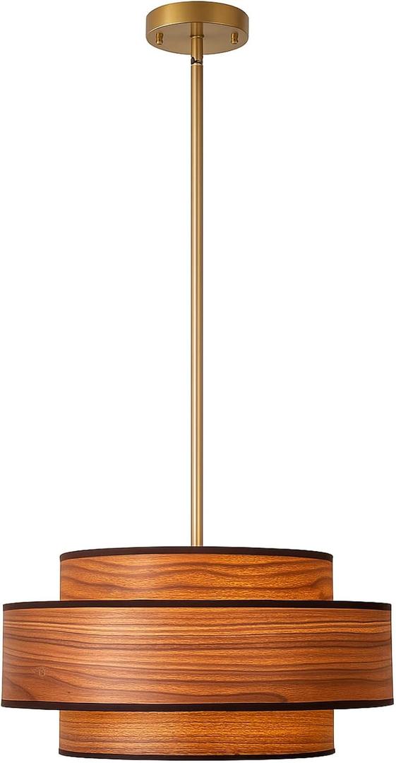 Hushwing 19.7" Modern Wooden Veneer Drum Chandelier, 3-Layer Pendant Light with Natural Wood Appearance, Adjustable Height Ceiling Light for Dining Room, Kitchen Island, Bedroom, Living Room (Walnut)