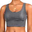 Yonique Women Sports Bra Bikini Top Swim Bra Athletic Swim Top Scoop Neck Bathing Suit (Small, Black and White Stripe)