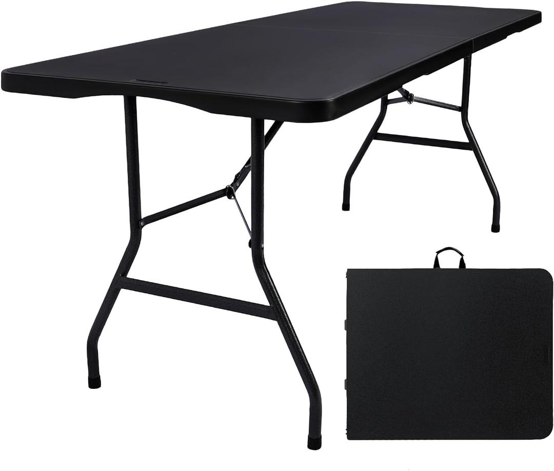 Folding Table 6ft, Heavy Duty Plastic Fold-in-Half Utility Table, Black