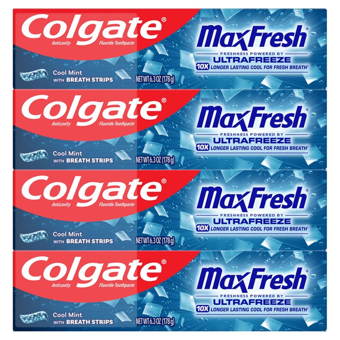 Colgate MaxFresh Cool Mint Toothpaste Pack, Fresh Breath Toothpaste with Fluoride and Hundreds of Mini Breath Strips, Leaves Mouth Feeling Refreshed for Hours, 3 Pack, 6.3 oz