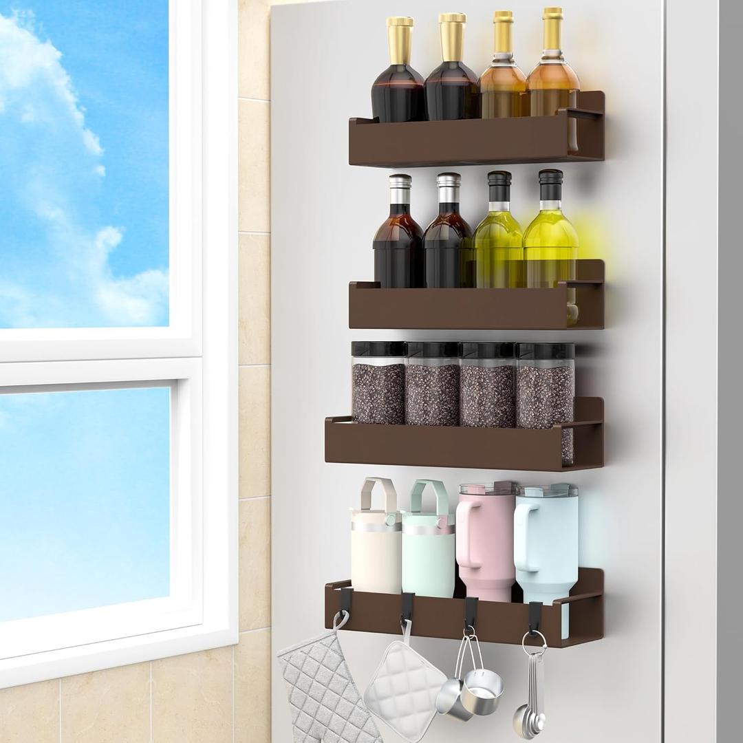 4 Pack Magnetic Spice Rack Organizer for Refrigerator and Oven, Brown Fridge Organizers and Storage for Kitchen