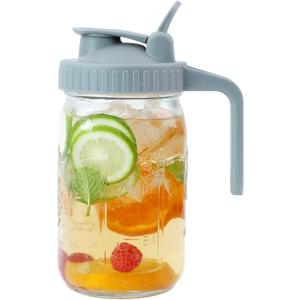 Mason Jar Pitcher Wide Mouth 32 OZ Glass Jars With Pour Spout Lids Airtight Leak-proof 1 Quart Water Pitcher With Handle For Iced Tea, Milk, Sun Tea, Lemonade, Iced Coffee