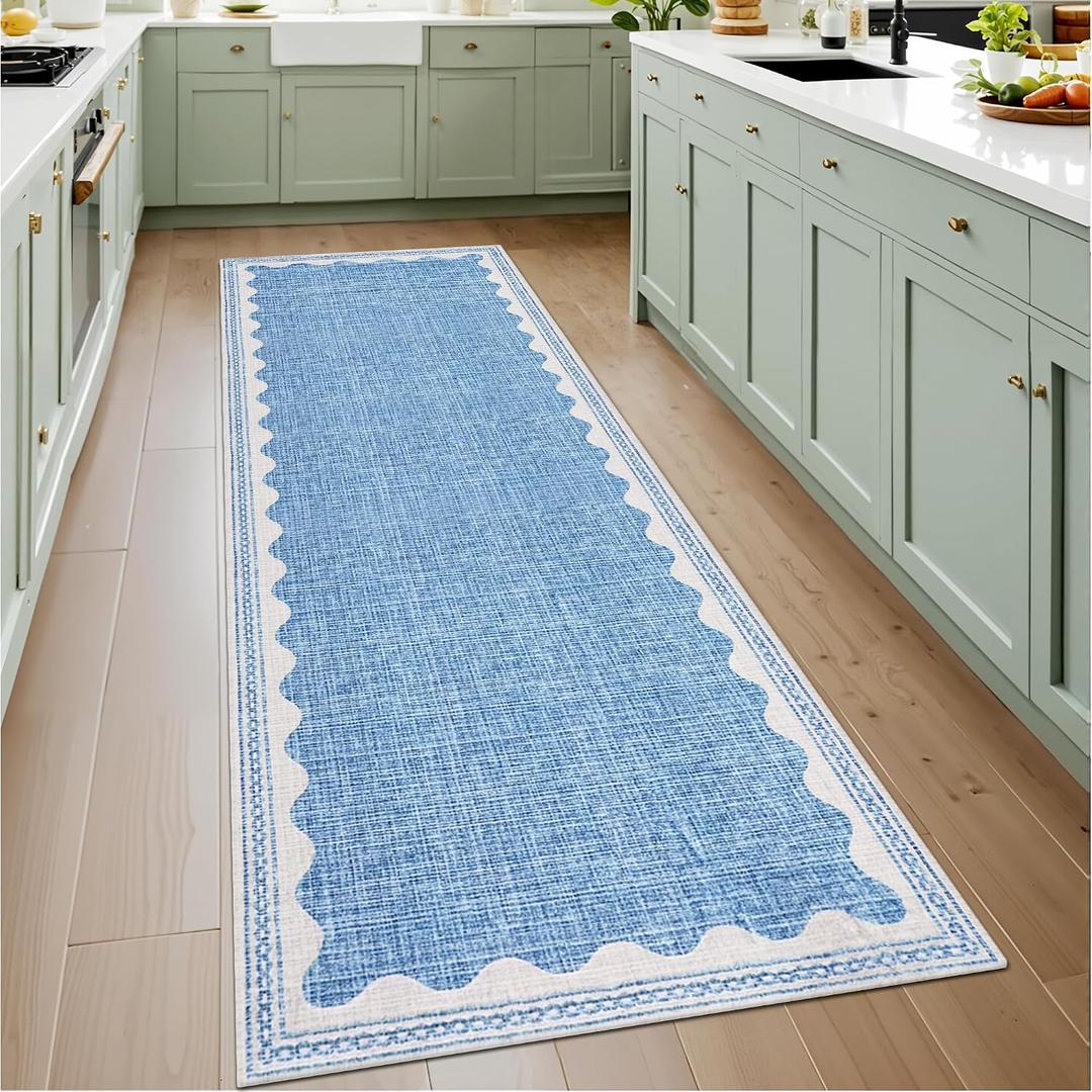 GarveeHome 2.5x8 Runner Rug for Hallway Washable Kitchen Rugs Non Slip Solid Blue Modern Minimalism Soft Low-Pile Scalloped Indoor Carpet for Entryway Laundry Room Floor Mats