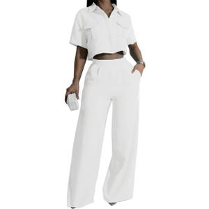 Women's Casual Tops Pants Two Piece Matching Sets Outfits (White)