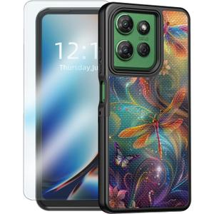 for Motorola Moto G 5G 2025 Phone Case with Screen Protector, Dragonfly Case for Moto G 5G 2025 Hard PC Polka Dot Rear Design Anti-Slip, Military-Grade Drop Protection Phone Cover