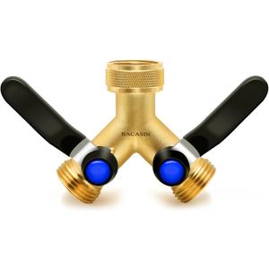Brass Hose Splitter 2 Way Heavy Duty, Garden Hose Splitter with 304 Stainless Steel Long Handle, Brass water hose splitter 2 Way Y Valve 3/4" GHT Thread