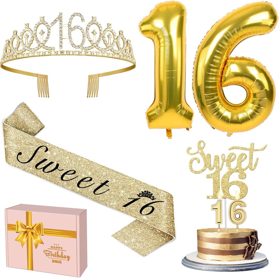 16th Birthday Decorations for Girls Gold with Sweet 16 Sash and Tiara, Cake Topper and Candles, Number Balloons, Sweet 16 Party Decoration Gifts