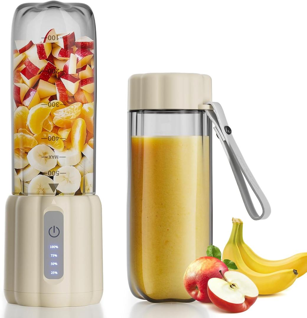 COKUNST 17Oz Portable Blender with 6 Blades, USB-C Rechargeable Personal Smoothie Maker for Shakes & Juices, Compact Mini Mixer for Home, Office & Travel (Beige)