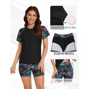 Tournesol Women's Two Piece Rash Guard Short Sleeve Swim Shirts UPF 50+ Built in Bra Swimsuit with Boyshorts with Pockets XL 