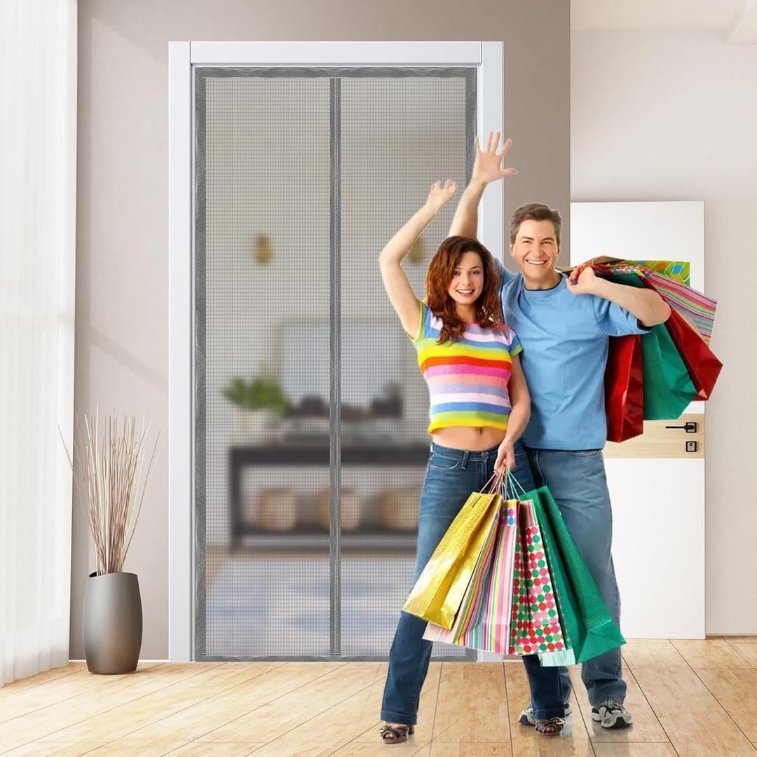 Magnetic Door Screen, Durable Reinforced Anti-Tear Mesh Self-Closing Curtain, Heavy Duty Screen Door with Full Frame Hook & Loop, Fit Door Size 38 x 82 Inch (Sliver)