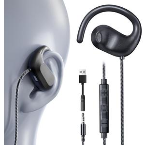 3.5mm Wired Earbuds USB Wired Headphones | Open Ear Headphones with Mic | Running Earbuds with Rotatable Earhook & Volume Control | Corded Plug-in for Traditional Phones, PC, Car AUX, Nintendo Switch