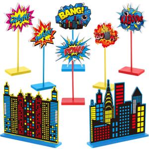 Geelin 8 Pcs Hero Theme Party Decorations Hero Wooden Tabletop Signs Freestanding Wooden Table Signs Table Topper Decors for Birthday Party Baby Shower Decor Supplies