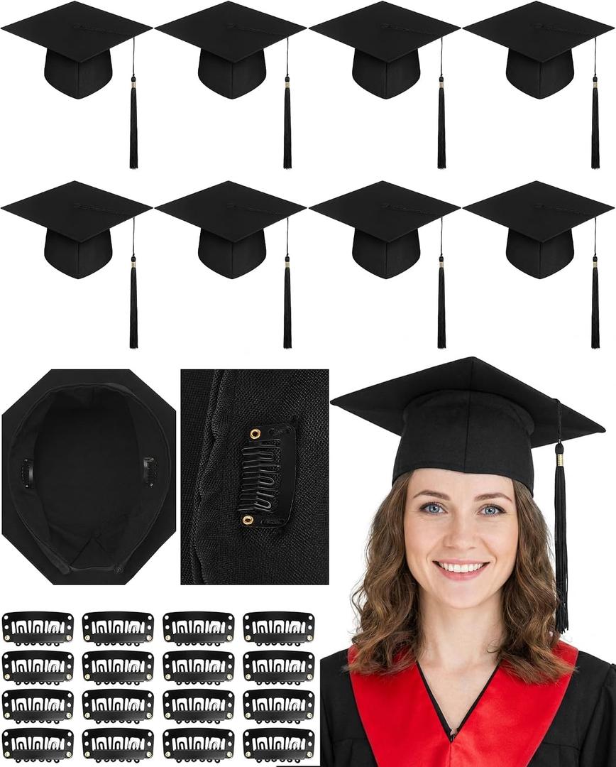 JenPen 8 Pcs Black Graduation Caps for Long Hair No Slip Graduation Cap with Built-in Hair Secure Clips Stays in Place Mortarboard for Women 2026 Graduates Ceremony Photos