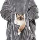 Wearable Blanket Hoodie with Giant Pocket Pet Won't Leave Extra Soft Sherpa Fleece Thick Warm  Cozy Oversized Sweatshirt Blanket Jacket with Sleeves-Grey