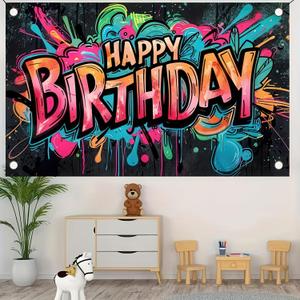 Graffiti Happy Birthday Banner Birthday Party Splatter Graffiti Birthday Decoration Backdrop Photo Booth Photography Background Background Decor for Kids Boy Girls Supplies (71*43 Inch)