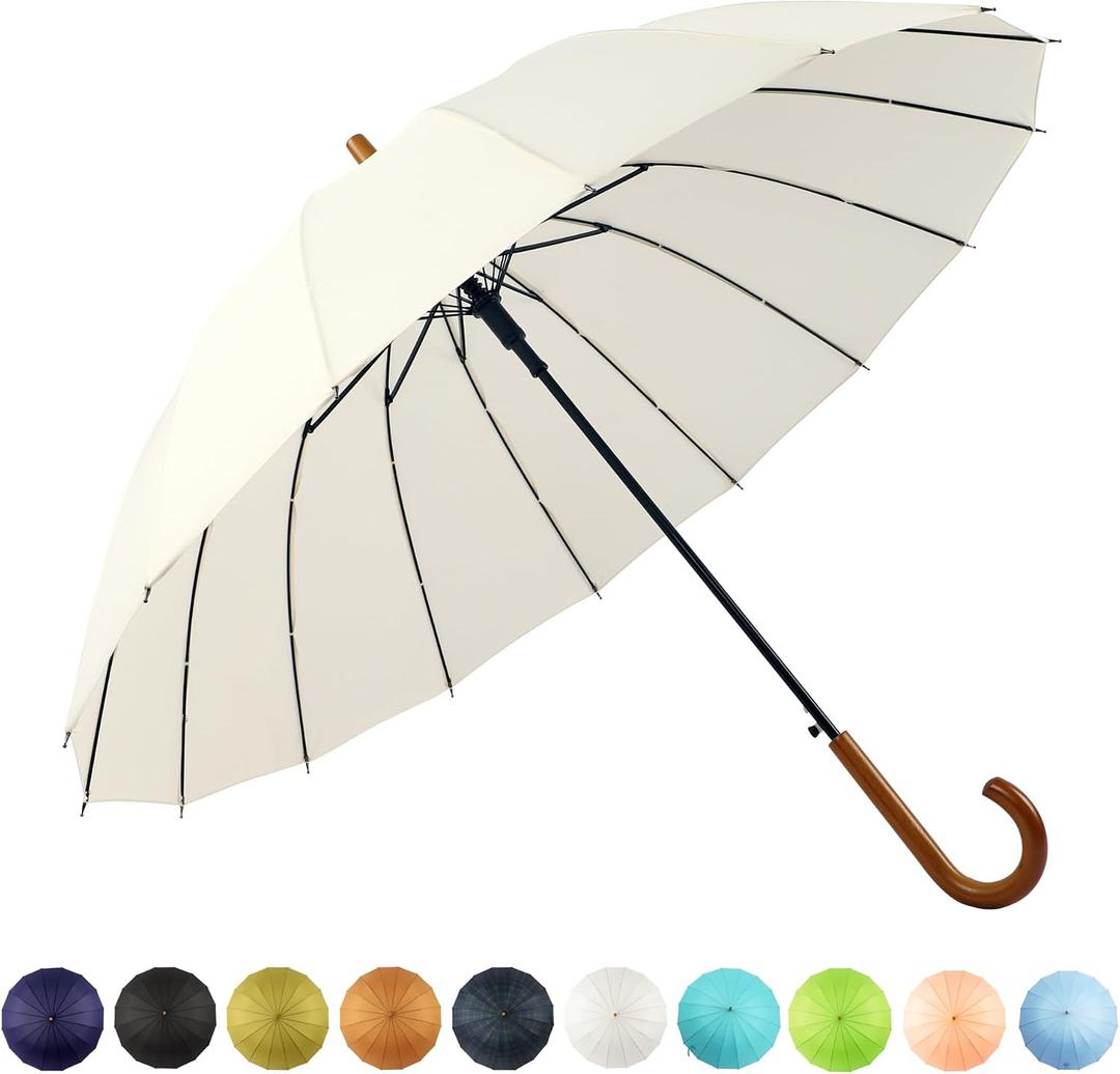 SoulRain 16 Ribs 48" Stick Umbrella Auto Open Solid Color Fashionable and SimpleArc Classic Wood HandleWindproof Unbreakable Stick Rain Umbrella