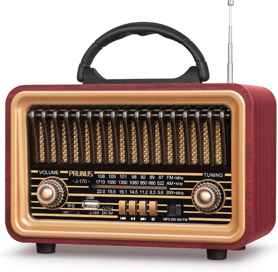 PRUNUS Retro Vintage Radio with Bluetooth Rich Bass Stereo Sound, Radios Portable AM FM, Rechargeable Speaker with TWS Pairing, Loud Volume,BT5.0, TF Card & MP3 Player for Home/Party