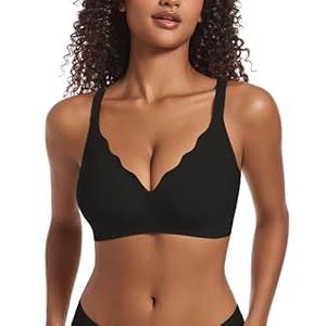 Soft Bras for Women No Underwire Scalloped Bralettes Seamless with Full Coverage Cross Back, Black, M