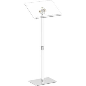 HMYHUM Small Acrylic Podium Stand, Angle Adjustable, 17.7" L x 13" W x 42.3" H, Modern Lecterns & Pulpits for Classroom, Concert, Church, Speech, Easy Assembly, Metal Base, Clear, Medium