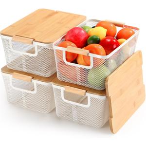 Geelin 4 Pcs Metal Wire Basket with Wooden Handles and Bamboo Lids 12.2 x 8.27 x 5.51" Mesh Steel Basket Stackable Storage Bins Organizer Containers for Vegetables Fruit Home Cabinet Pantry(White)