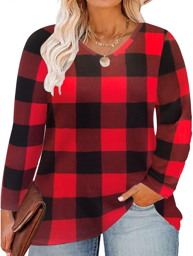 CARCOS Womens Plus Size Tops Long Sleeve Shirts V Neck Tunic Floral Blouses (3X-Large, Checkered)