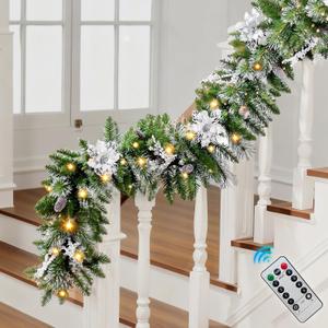 9FT Christmas Garland with Light,Pre-Lit Lush Branch Tips/Silver Flowers/Pine Cone,Christmas Garland for Mantle Fireplace Stairs Front Door, Outdoor Holiday Decoration (with Remote Control) Silver