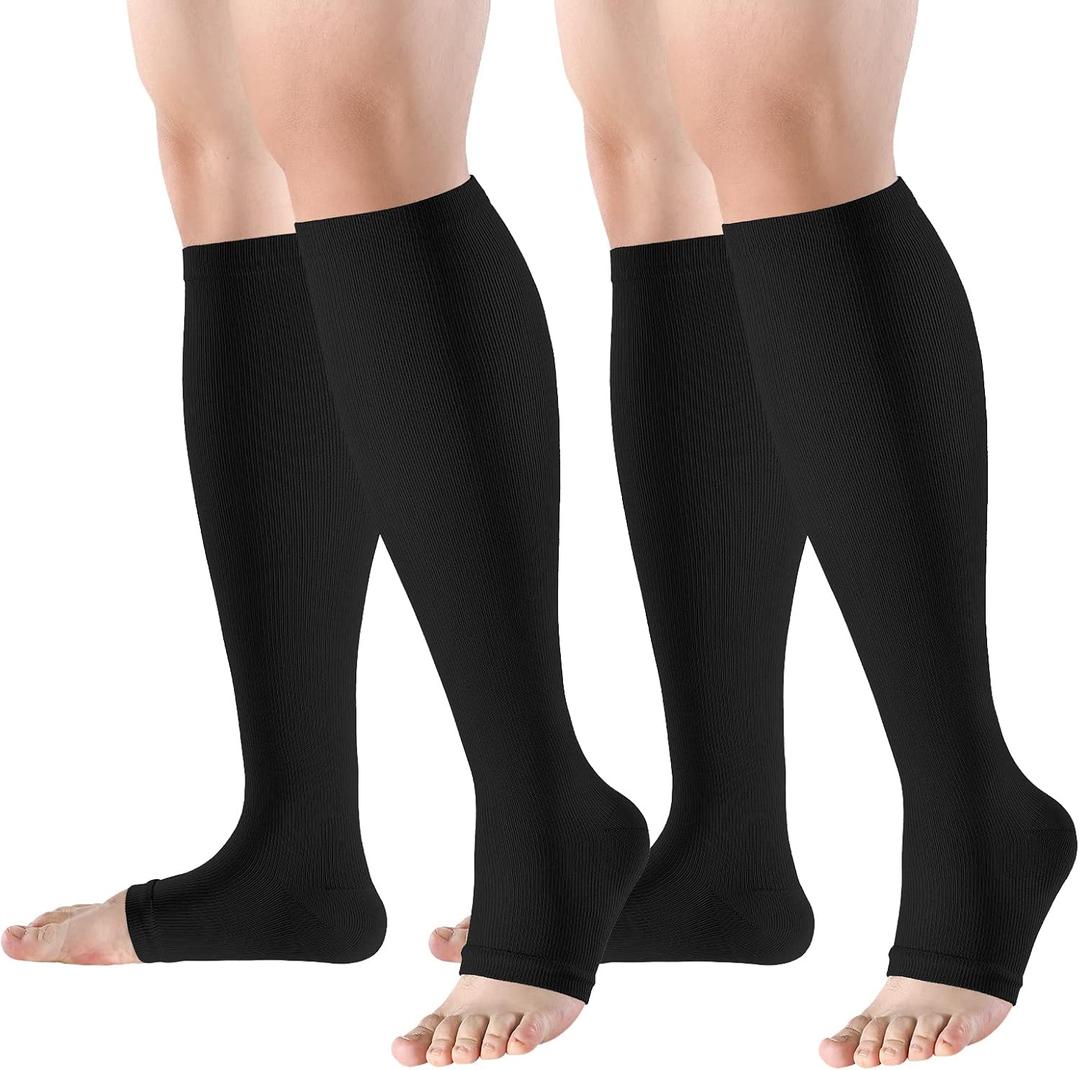 bropite Open Toe Compression Socks for Men & Women - 2 Pairs of 15-20 mmhg Knee High Stockings for Circulation Support (Small-Medium)