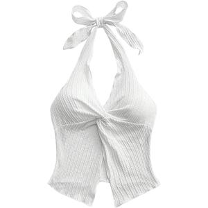 QJQ Women's Halter Tops Twist Front Slit Backless Cute Summer V Neck Tank Top Vacation Outfits (White)