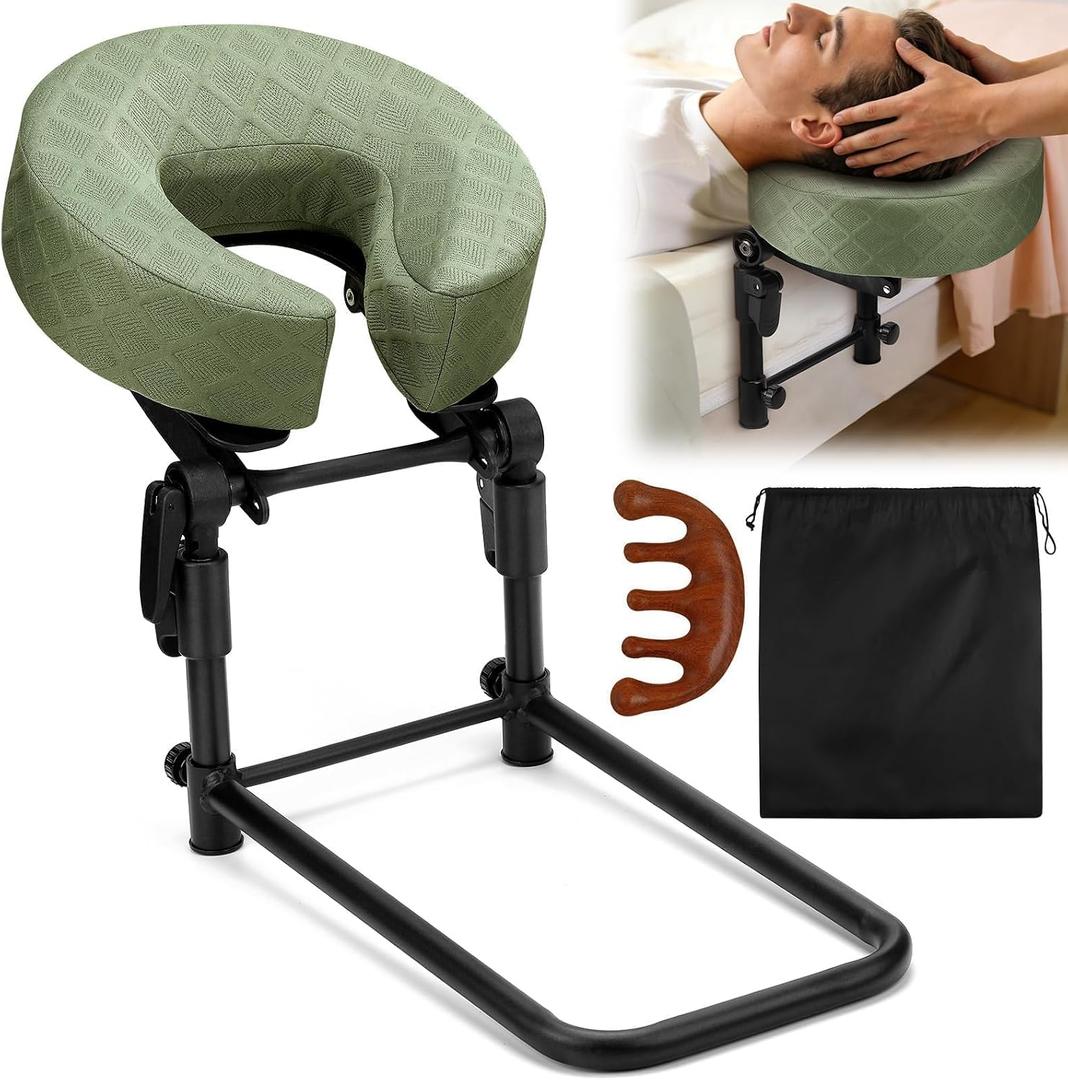 Massage Headrest for Bed with Scalp Massager Storage Bag, Adjustable Home Bed Massage Head Holder for Sleeping Mattress, Massage Face Cradle Face Down Pillow