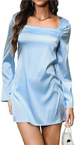 HYPERFIRE Women's Elegant Sqaure Neck Satin Long Sleeve Mini Dress Wedding Cocktail Dresses Size M