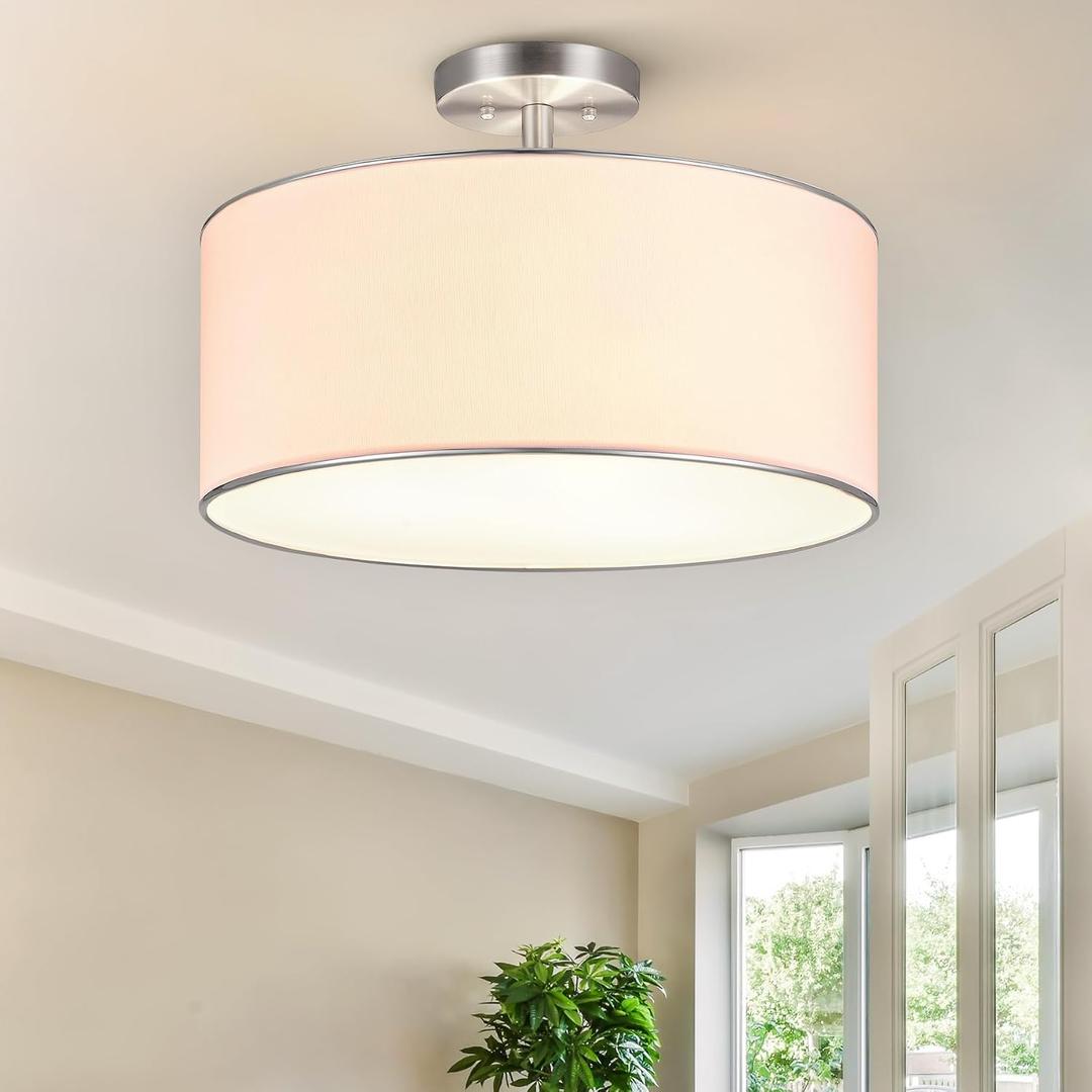 VONLUCE Semi Flush Mount Ceiling Light, 18" Drum Light Fixture with Diffused Shaped, Modern Drum Light Fixture for Bedroom Living Room Entryway Hallway, White Shade & Nickel Finish