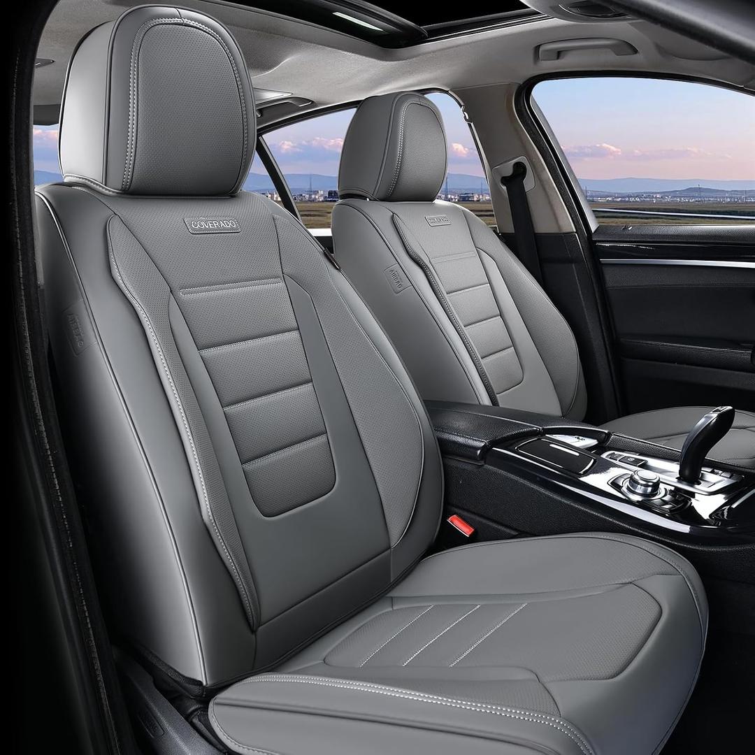 Coverado Front Seat Covers, Car Seat Cover, Gray Seat Covers for Cars, Car Seat Protector, 2PCS Waterproof Faux Leather Car Seat Cushion, Luxury Seat Cushions, Auto Seat Covers Fit for Most Vehicles
