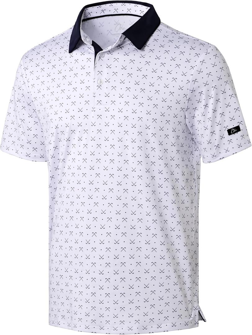 Obla Mens Golf Polo Shirts Short Sleeve Dry Fit Performance Moisture Wicking Casual Print Collared Golf Shirts for Men (X-Large, White Golf Clubs)