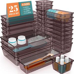 WOWBOX 25 PCS Plastic Drawer Organizer Set, 4 Sizes Desk Drawer Divider Organizers and Storage Bins for Makeup, Jewelry, Gadgets for Kitchen, Bedroom, Bathroom, Office, Clear Brown
