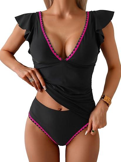 Aidonger Women's Tankini Swimsuit Tummy Control Ruffle Two Piece Bathing Suit V Neck Ruched Swimwear with Bottom, XL