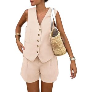 PRETTYGARDEN Women's Summer 2 Piece Outfits Sleeveless Matching Sets Button Down V Neck Vest Waistcoat and Pockets Shorts (Medium, Beige)