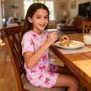 Funnycokid Girls Pajamas 3 Piece Short Sleeve Shirt Top Pants Shorts with Pockets 7-14 Years (Pink)