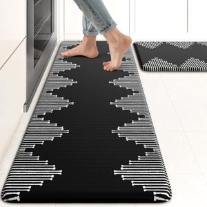 KIMODE Anti Fatigue Kitchen Mats, Black Kitchen Rugs, Padded Kitchen Mat for Floor, Comfort Foam Standing Desk Mat, Cushioned Kitchen Mats for Floor 2 Piece for Laundry Office Sink 17"x47"+17"x29"