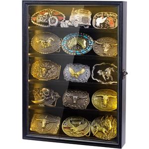 Belt Buckle Display Case, 5 Belt Buckle Holders Included, 17x12 Black Shadow Box with LED Light, Wall-Mounted Men's Belt Clip Storage Box, Lockable