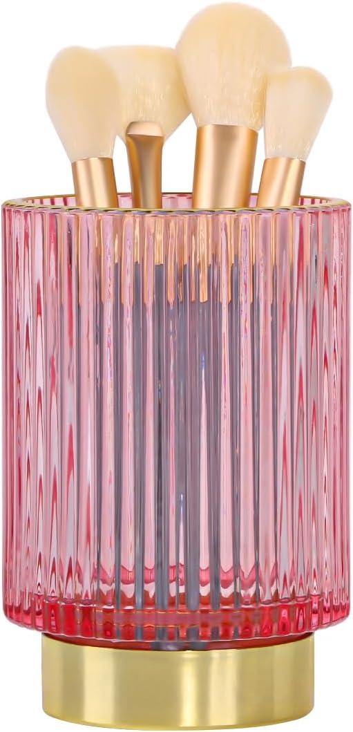 Vintage Makeup Brush Holder Organizer,Dresser Glass Brushes Holder,Vanity Cosmetic Brush Holder,Desktop Crystal Eyeliners Eyebrow Pencil Storage Cup Holder for Countertop (Large Pink)