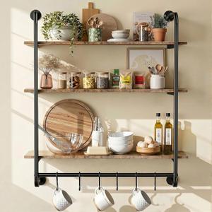 3 Tier Industrial Pipe Floating Shelf, 31.5" Kitchen Wall Shelves, 31.5 Inch3 Tier