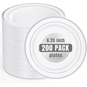 bUCLA 200PCS Silver Plastic Plates - 6.25inch White with Silver Trim Disposable Salad/Dessert/Appetizer/Small Cake Plates - Ideal for Wedding & Party