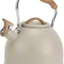 Tea Kettle, Vegoran 100 OZ / 3 Liter Whistling Tea Kettle, Tea Pots for Stove Top Food Grade Stainless Steel with Wood Pattern Folding Handle, Loud Whistle Kettle for Tea, Coffee, Milk (Milk White)