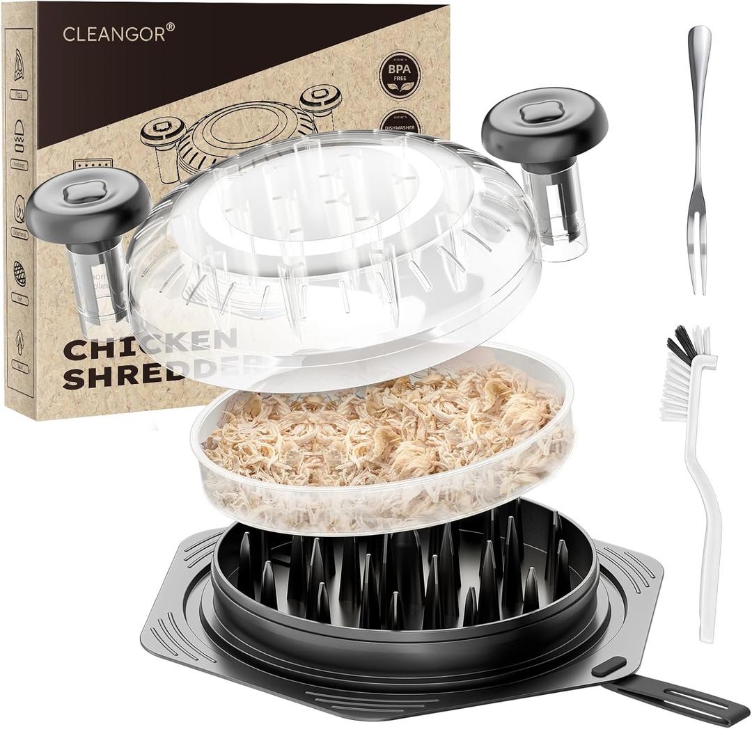 Chicken Shredder Tool Twist Large, BPA Free Meat Shredder with Ergonomic Handle, Non-Slip Food Shredder Tool for Pork, Beef, Set of Chicken Breast Shredder with Brush & Fork (1, Black)